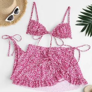 Pink Floral Ruffle Bikini with Skirt Three Piece Set